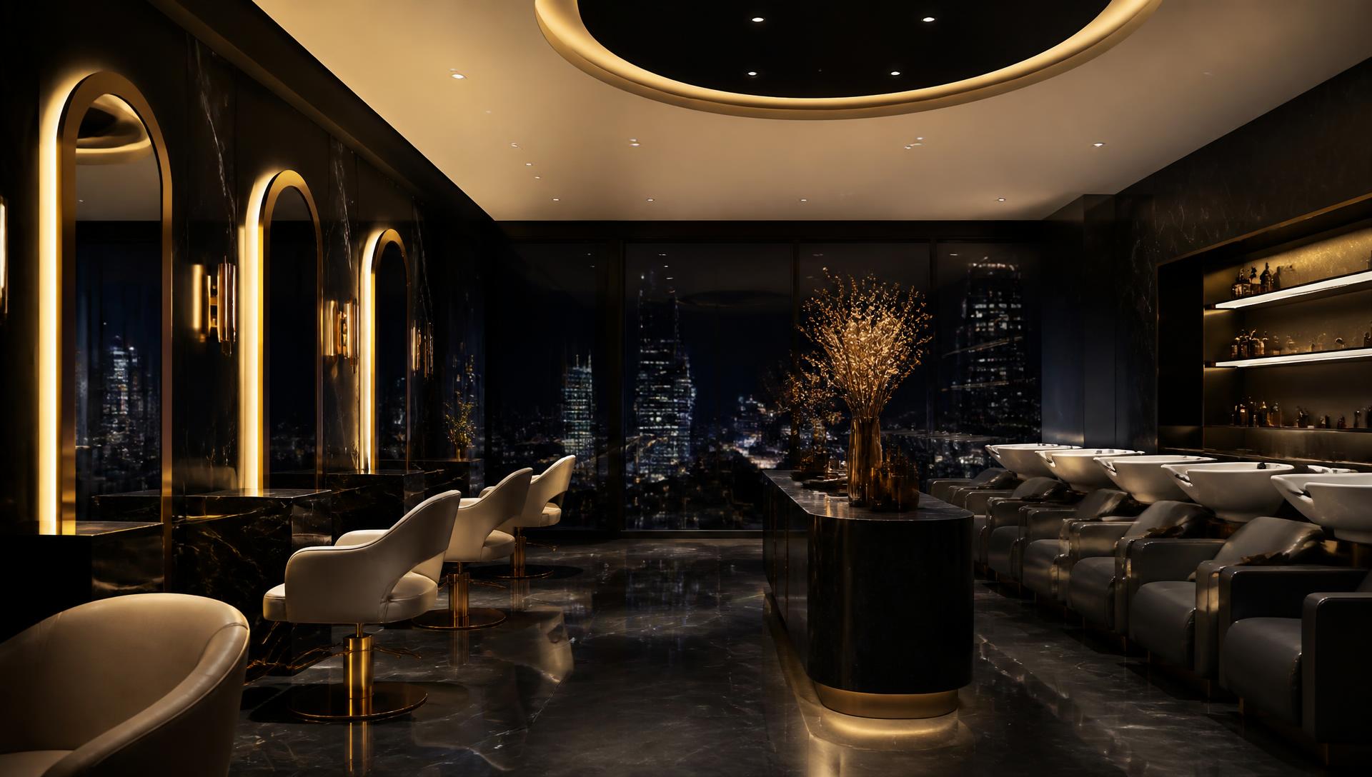 Cinematic interior of a luxury salon in black marble and gold
