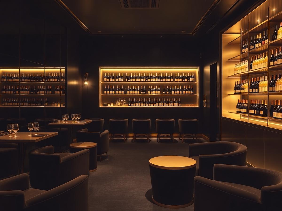 Champagne lounge with dark velvet seating