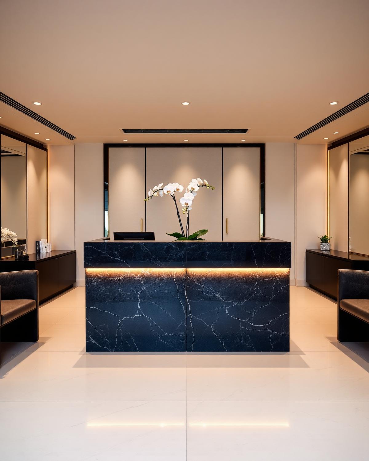 Luxury salon reception with dark stone desk and orchids